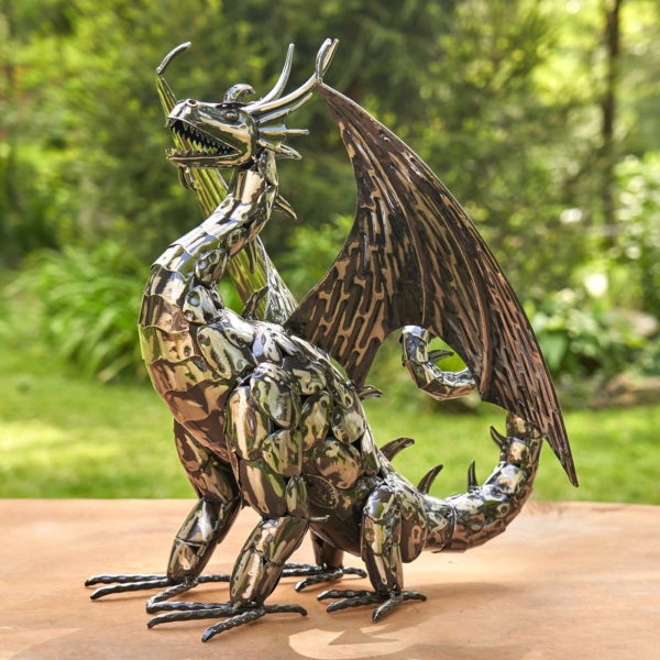 side view image at 21 inch tall dragon statue made of metal plates in metallic finish