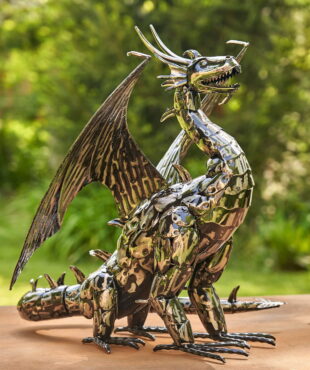21 inches tall dragon statue made of metal plates in metallic finish