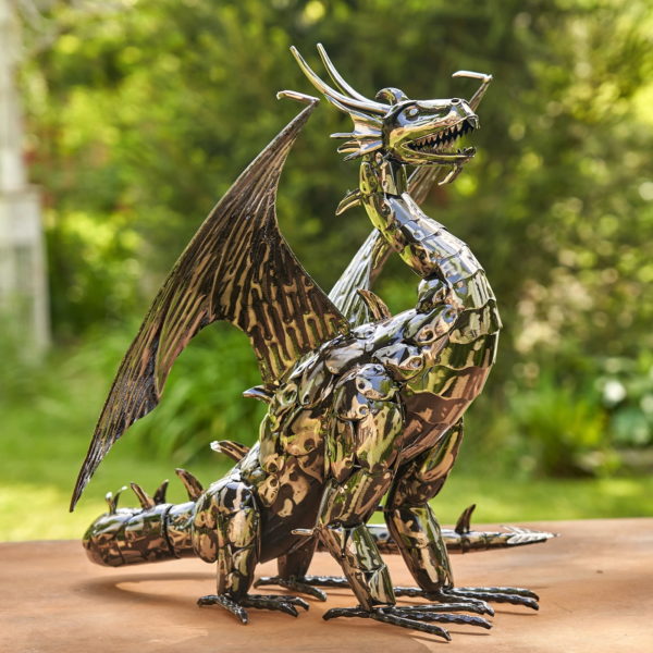 21 inches tall dragon statue made of metal plates in metallic finish