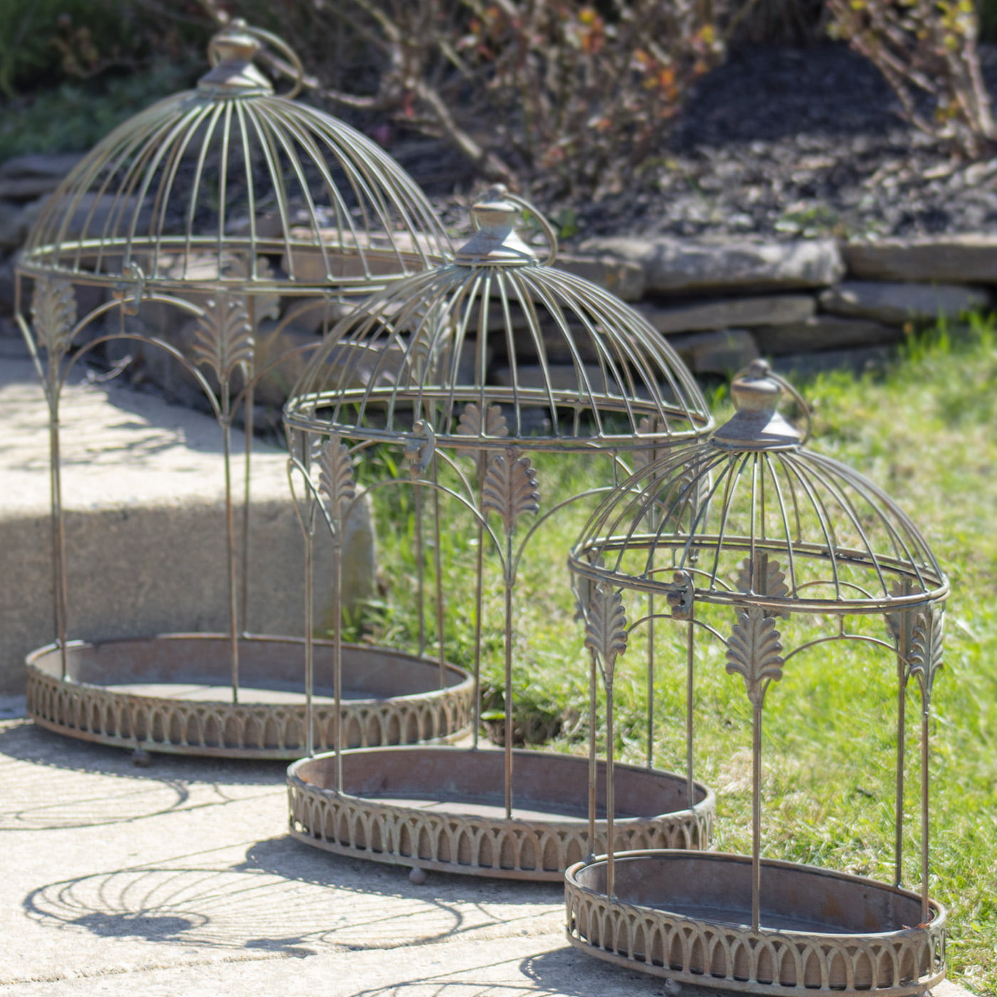 Set of 3 Vintage Style Bird Cage Planter in Reddish Green