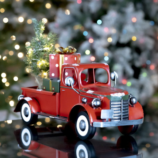 19 inches long classic red pickup truck with lighted up Christmas tree and gift boxes