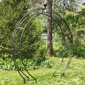 Iron Moon Gate with Plant Stands in Antique Black