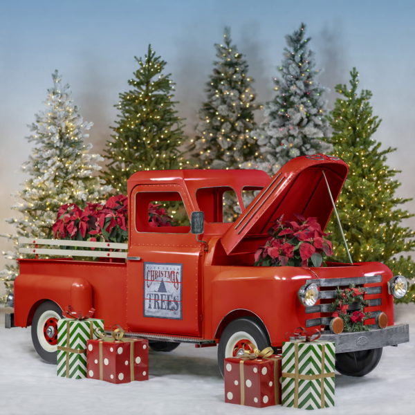 Large Red Houston Truck with Hood Open and Poinsettias