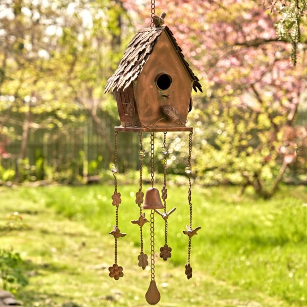 full length image of metal hanging on a chain A-frame birdhouse with square bottom and wind chimes in antique copper finish
