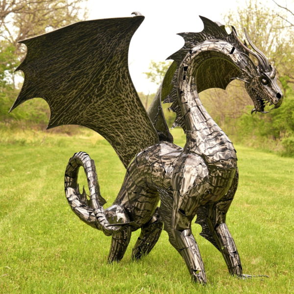 Fierce Looking Large Metal Dragon Standing Tall, Ready to Spit Fire