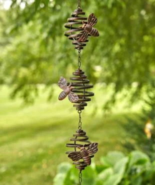 close up 3 sections of 79 Long Antique Bronze Hanging Honeybee Rain Chain