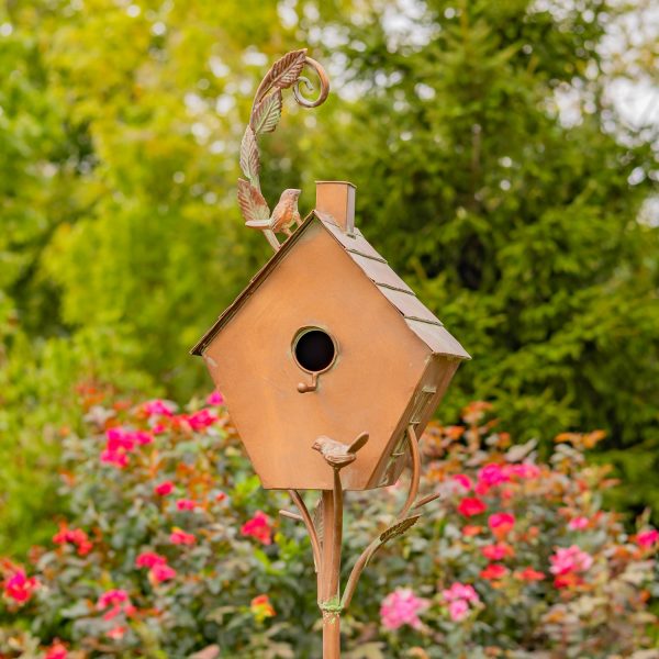 metal pentagon shape birdhouse stake in antique copper finish