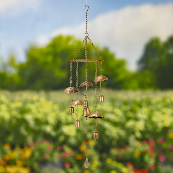 iron hanging wind chime with umbrellas and bells in antique copper finish