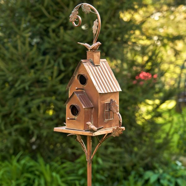 Front View of Stake with Copper Birdhouse with Bird and Leafing Design