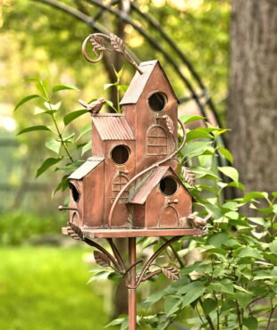 tall metal four home bungalow birdhouse stake in antique copper finish