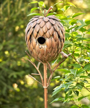 67 inches tall pinecone shaped birdhouse stake with little bird on a side in antique copper distressed finish with patina accents