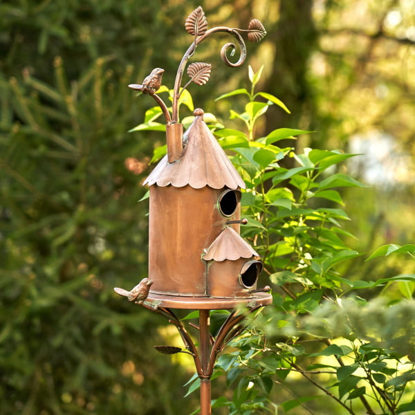 View of Birdhouse with Copper Finish iron leaves and Bird Design