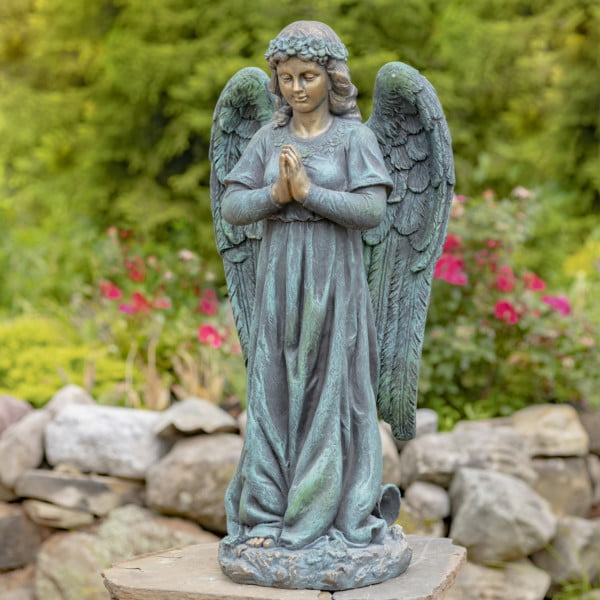 beautiful magnesium young female standing 36 inches tall angel statue praying with a distressed teal-bronze finish