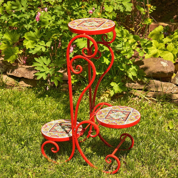 3 tier iron plant stand with mosaic tiles in glossy red finish in garden