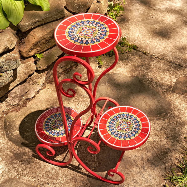 top view image of 3 tier iron plant stand with mosaic tiles in glossy red finish in garden