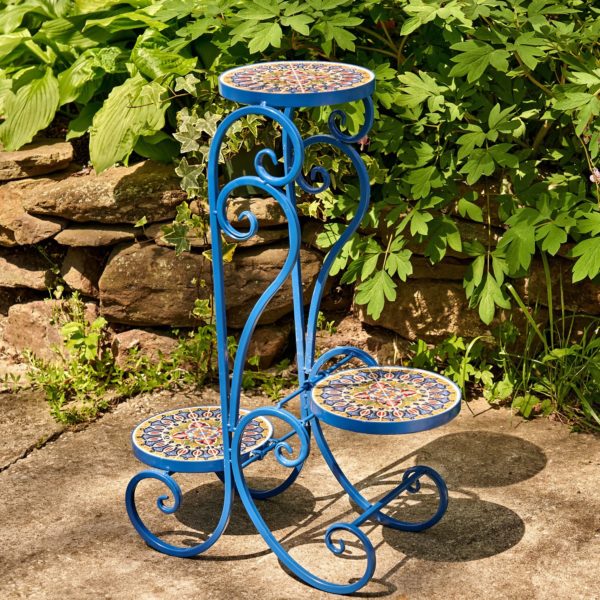 3 tier iron plant stand with mosaic tiles in dark blue finish in garden
