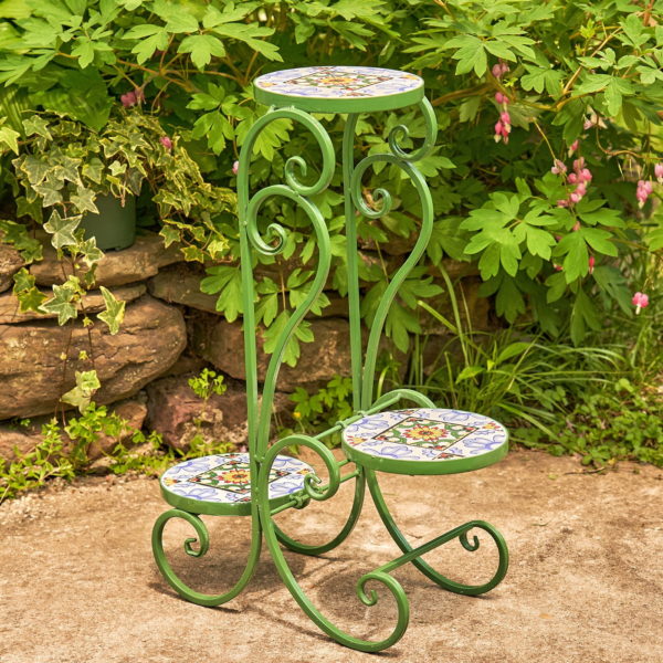 3 tier iron plant stand with mosaic tiles in green finish in garden