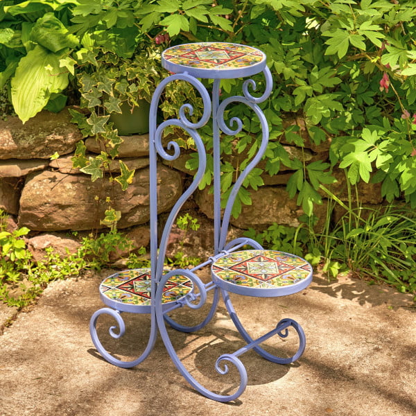3 tier iron light blue plant stand with mosaic tiles in garden