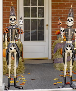 63.5 inch tall large set of skeleton soldiers holding staffs Halloween decorations