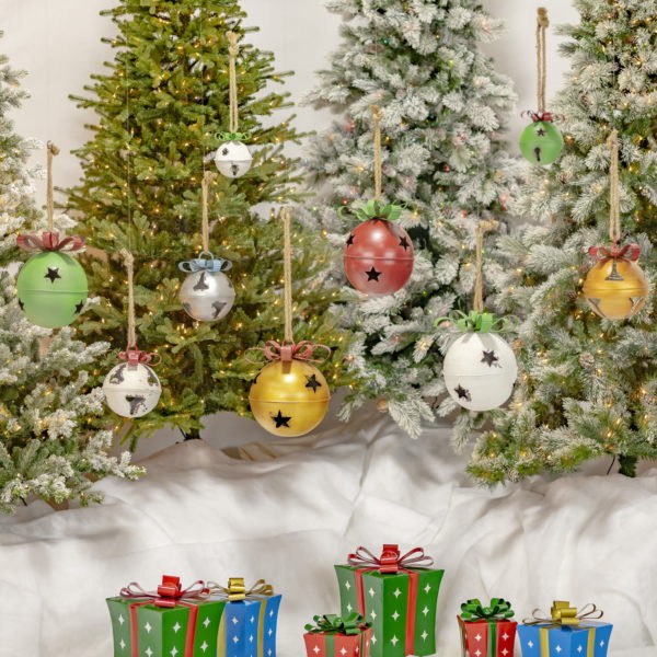 Group of Large Hanging Christmas Bells with Star Designs - and Red Ribbons Hanging from a Rope