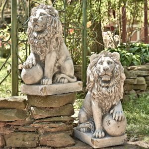27 Tall Set of Magnesium Lion Sentry Statues With Ball Leo