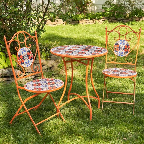 Iron bistro set for 2 people consists of 2 folding chairs and 1 table with orange frame and mosaic tiles