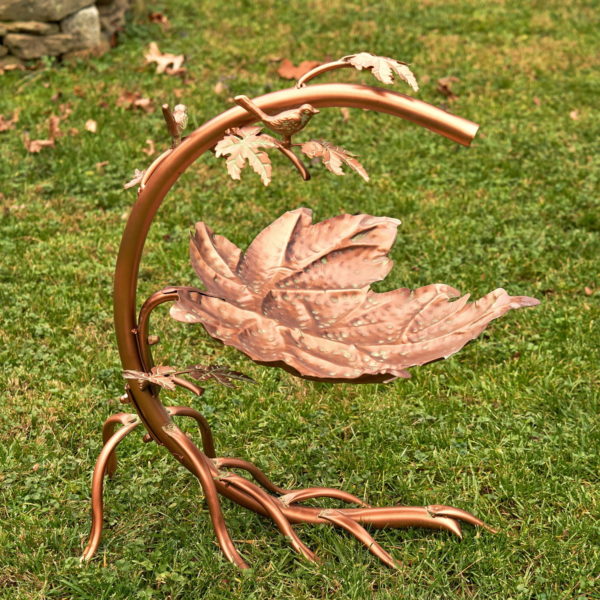 Iron maple leaf birdbath with birds in antique copper finish with patina accents
