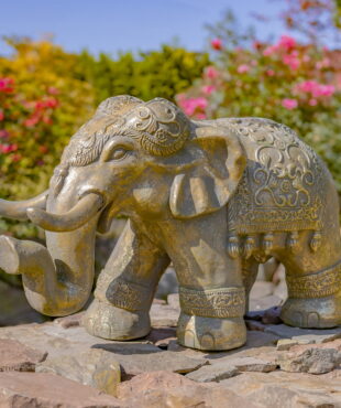 16 inch tall magnesium elephant statue in boho style with cape and hat in frosted gold finish