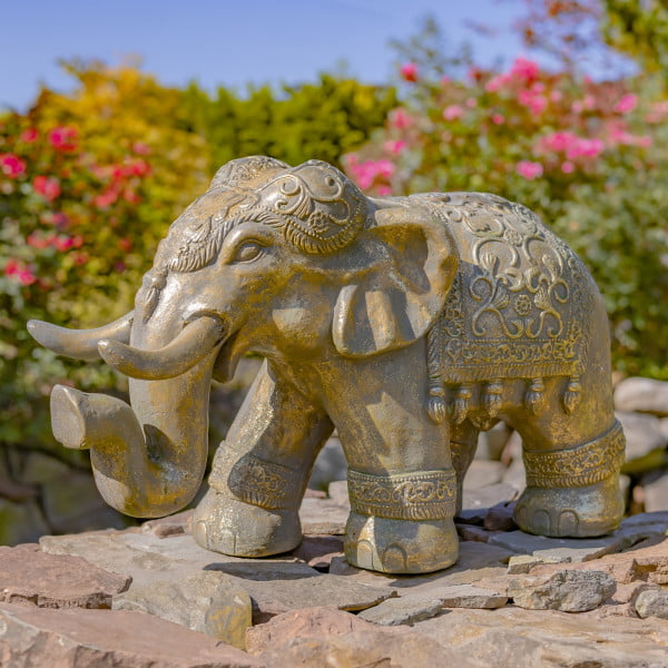 16 inch tall magnesium elephant statue in boho style with cape and hat in frosted gold finish