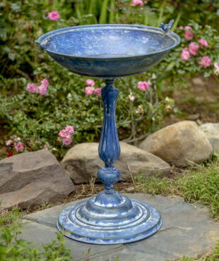 28.75 inch tall round iron pedestal birdbath with round base and distressed antique blue finish