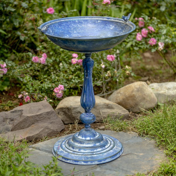 28.75 inch tall round iron pedestal birdbath with round base and distressed antique blue finish