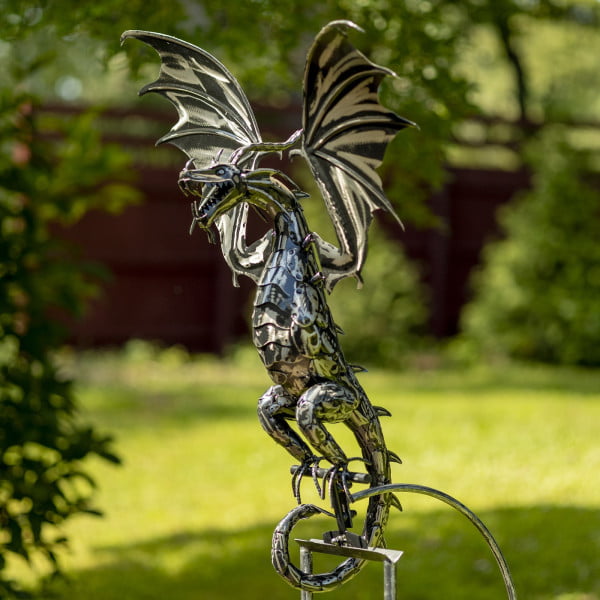 Iron dragon swing stake with large open wings, wide open mouth and curled downward tail in silver-black metallic finish