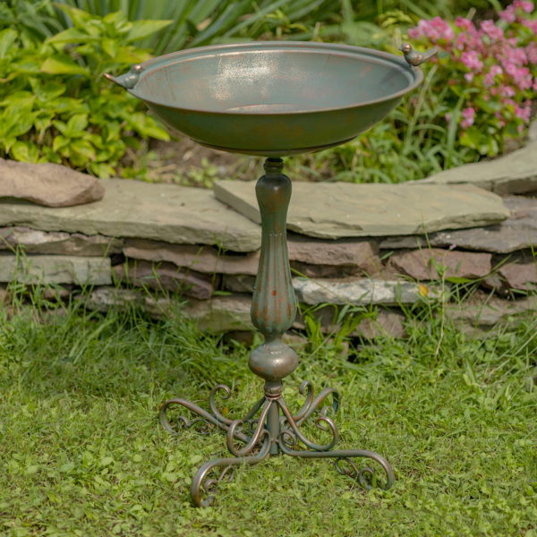 27 inch Tall Ornate Pedestal Birdbath with Little Bird Details in distressed Copper-Bronze finish