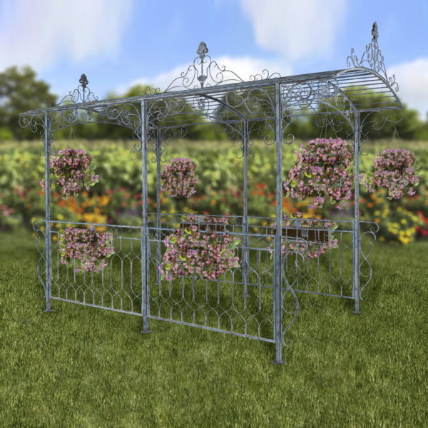 13 feet long iron gazebo with hanging planters with flowers in distressed light blue finish