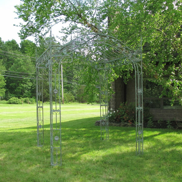 10.5 feet tall rectangular arched iron garden gazebo in verdi green distressed finish in garden