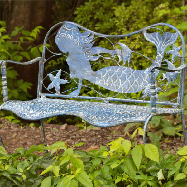 distressed light blue metal bench with mermaid backrest