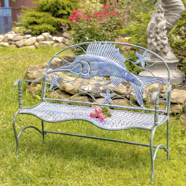 Iron bench in distressed coastal blue finish with curved seat and swordfish on a backrest
