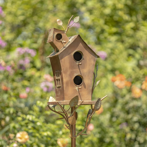 A-frame roof multi-family metal birdhouse stake in antique copper finish with patina
