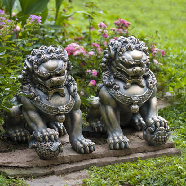 set of 2 Chinese Lions guardian statues with a ball and puppet under paw in antique bronze finish