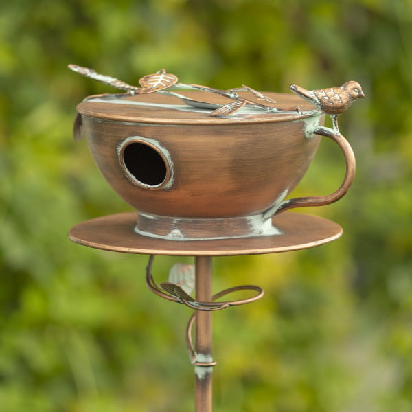 tea cup iron birdhouse garden stake in antique copper distressed finish with patina details