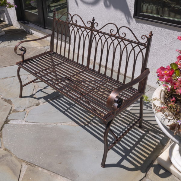 Front Side View of Valley Forge Iron Garden Bench in Antique Bronze Finish