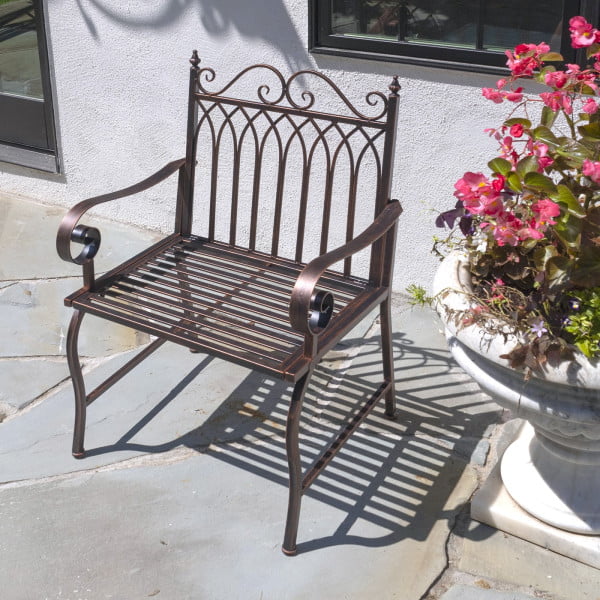 Valley Forge Iron Garden Arm Chair in Antique Bronze-Curved Arm Rests and Geometric Back Rest Design