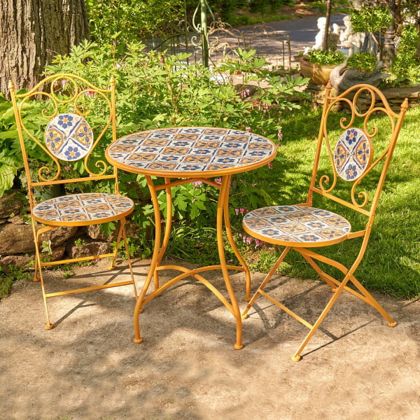 Iron mosaic bistro set for 2 people consists of 2 folding chairs and 1 table in light orange frame color with mosaic tiles on tabletop, chair seat and backrest in garden