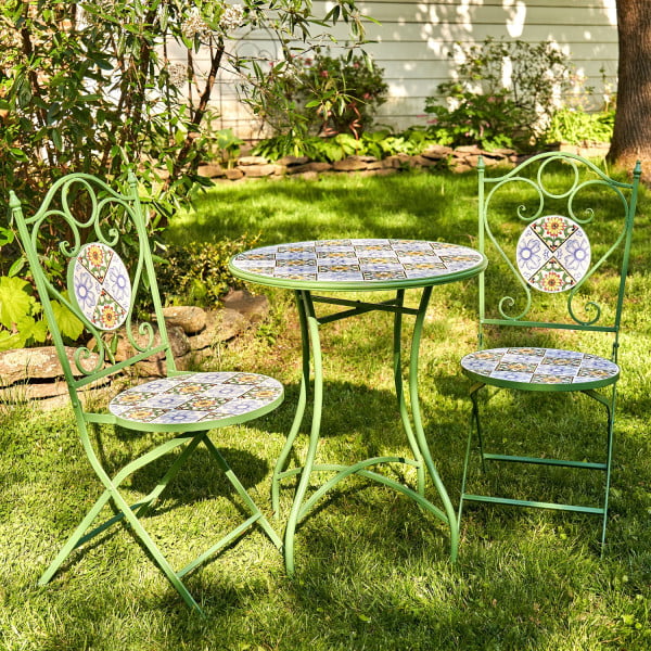Iron set of 3 Mosaic bistro set for 2 people consists of 2 folding chairs and 1 table with green frame and mosaic tiles