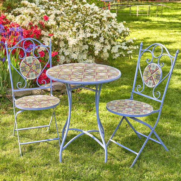 light-blue Mosaic Tiled Bistro Dining Set with 2 folding chairs and 1 table