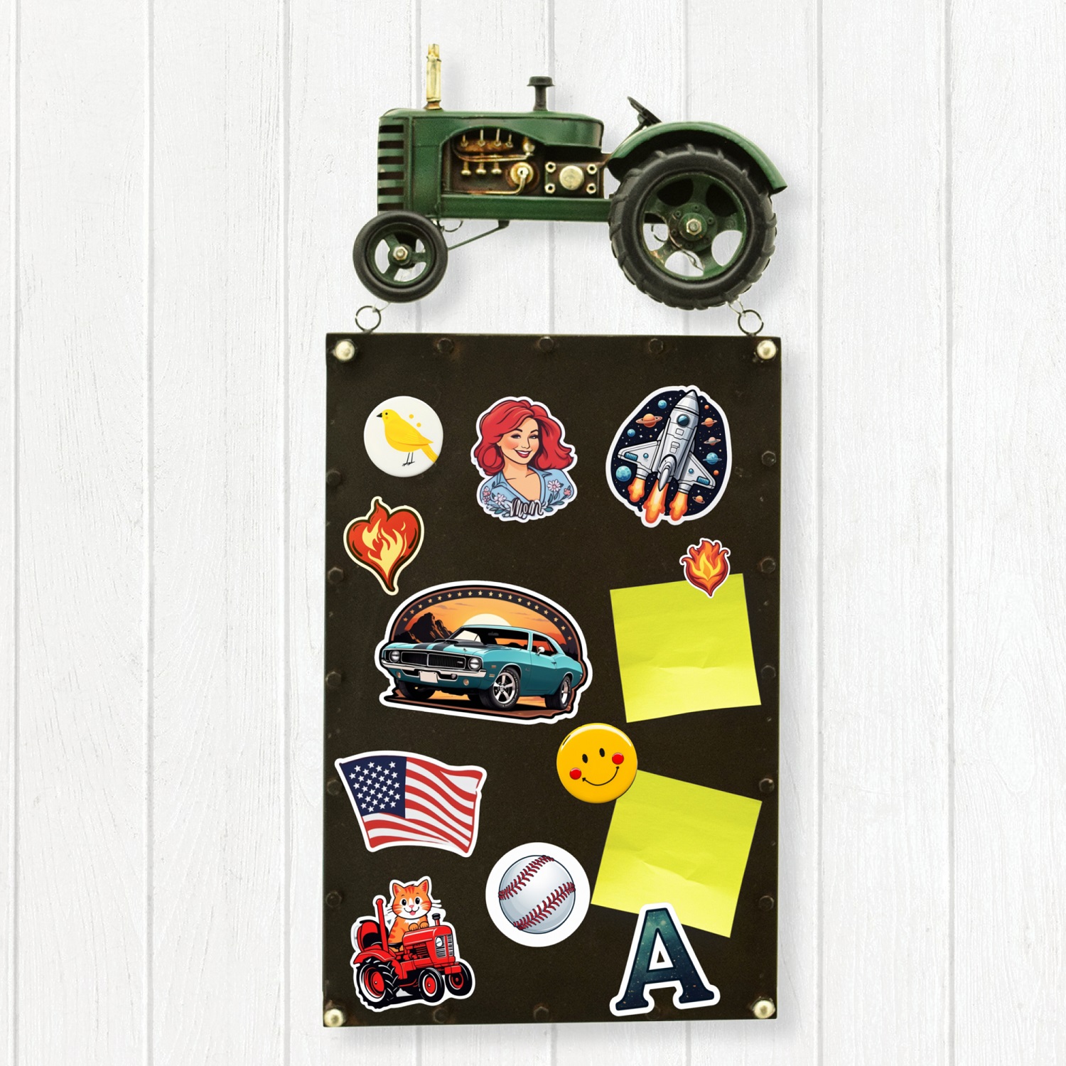 Hanging Iron green Tractor Magnetic Motherboards with colorful magnets and notes