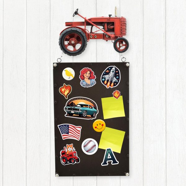 Hanging Iron Red Tractor Magnetic Motherboards with colorful magnets and notes