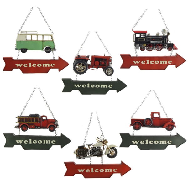 six assorted metal hanging wall signs shaped like various automobiles, trains, and motorcycles with arrow shaped welcome signs