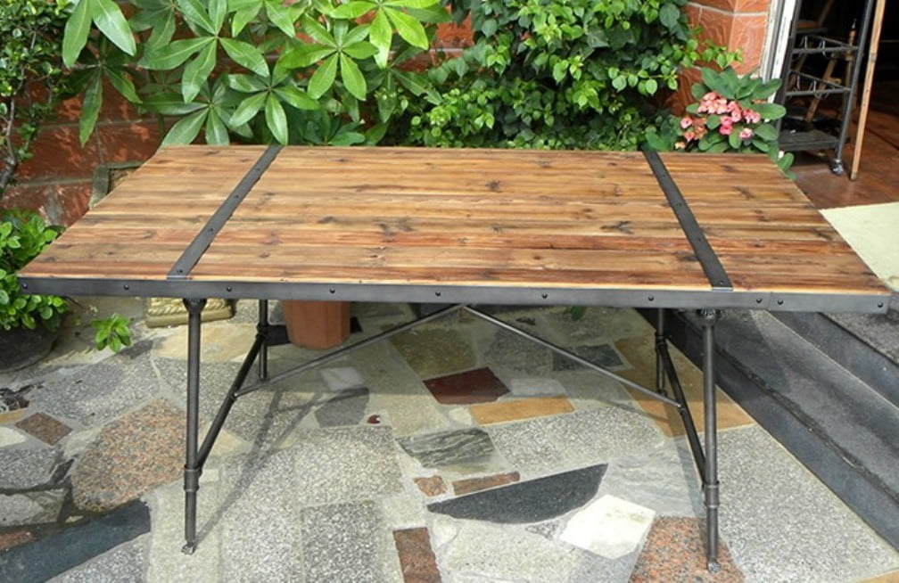 Classic Wooden Top Iron Table with Metal Trim
