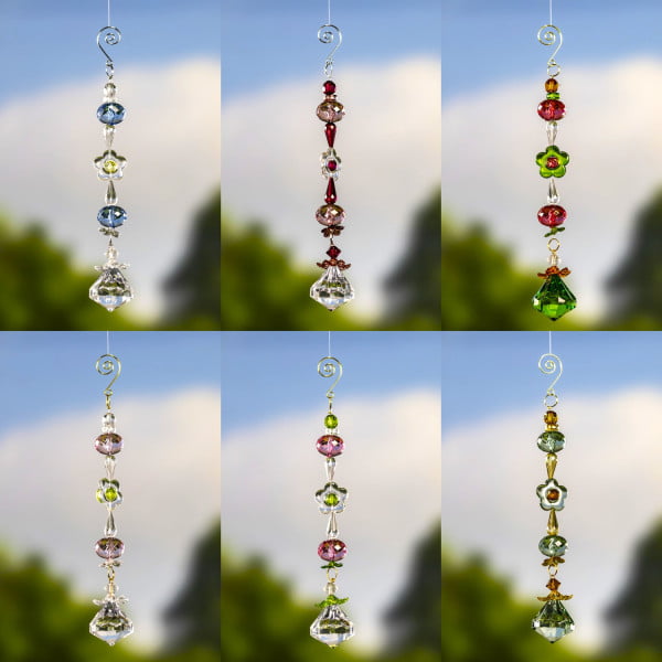 collage of 6 acrylic ornaments with flower and crystal beads in 6 assorted colors